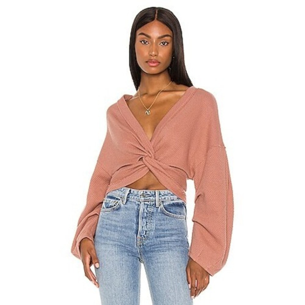 Free People Women Top S Rose Pink Waffle Knit Twist Front Lantern Sleeve Cropped